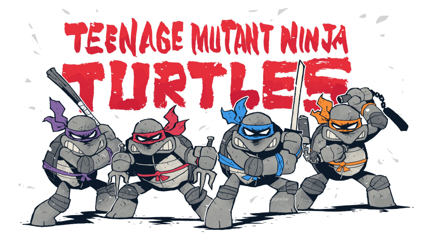 2021 absurd_res blue_kerchief bo_staff digital_drawing_(artwork) digital_media_(artwork) donatello_(tmnt) elbow_pads english_text front_view group hi_res holding_melee_weapon holding_nunchaku holding_object holding_staff holding_sword holding_weapon kerchief knee_pads leonardo_(tmnt) male melee_weapon michelangelo_(tmnt) narrowed_eyes nunchaku orange_kerchief purple_kerchief raphael_(tmnt) rariatoo red_kerchief red_text reptile sai scalie shell simple_background staff standing sword teenage_mutant_ninja_turtles teeth text turtle weapon white_eyes