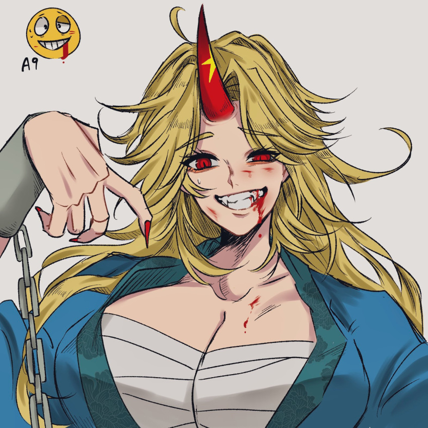 blonde_hair blood blood_from_mouth blood_on_chest blood_on_face blue_kimono breasts chains chest_sarashi cleavage collarbone commentary_request cuffs curtained_hair fangs female fingernails grey_background grin hand_up highres horns hoshiguma_yuugi hoshiguma_yuugi_(kimono) japanese_clothes kimono large_breasts long_fingernails long_hair looking_at_viewer nap_muntarou red_eyes red_horns red_nails sarashi shackles sharp_fingernails simple_background single_horn small_sweatdrop smile solo star_(symbol) touhou uneven_eyes upper_body