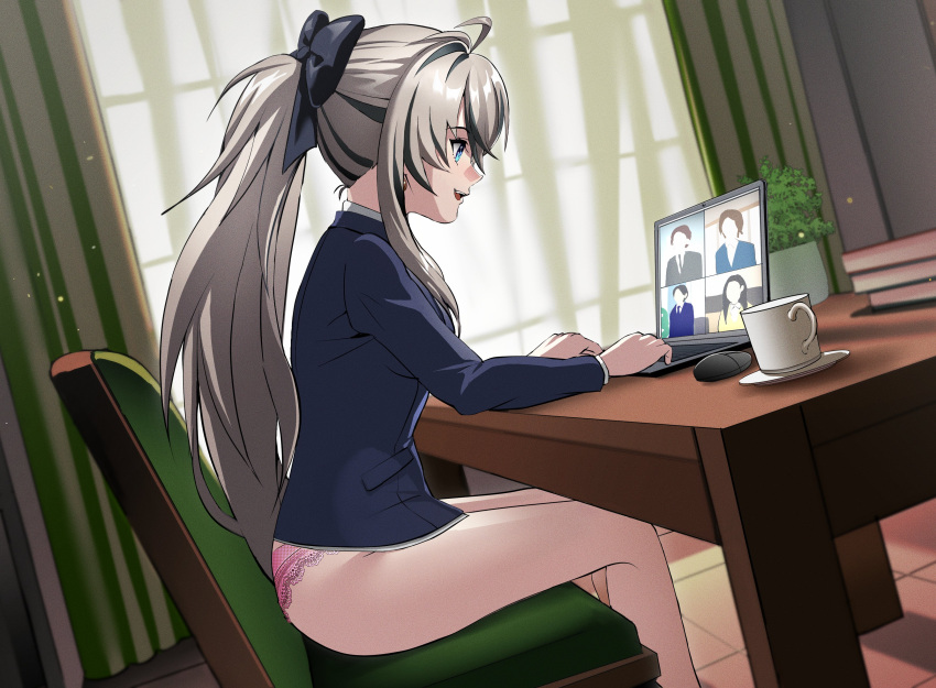 364ing01 absurdres ass black_bow black_hair black_jacket blue_eyes bow breasts chair collared_shirt computer computer_mouse cup curtains female from_side grey_hair hairbow highres indie_virtual_youtuber indoors jacket laptop legs long_hair long_sleeves medium_breasts mello_mutinus_(vtuber) multicolored_hair no_pants on_chair panties pink_panties second-party_source shirt smile solo suit table teacup thighs two-tone_hair underwear video_call virtual_youtuber white_shirt