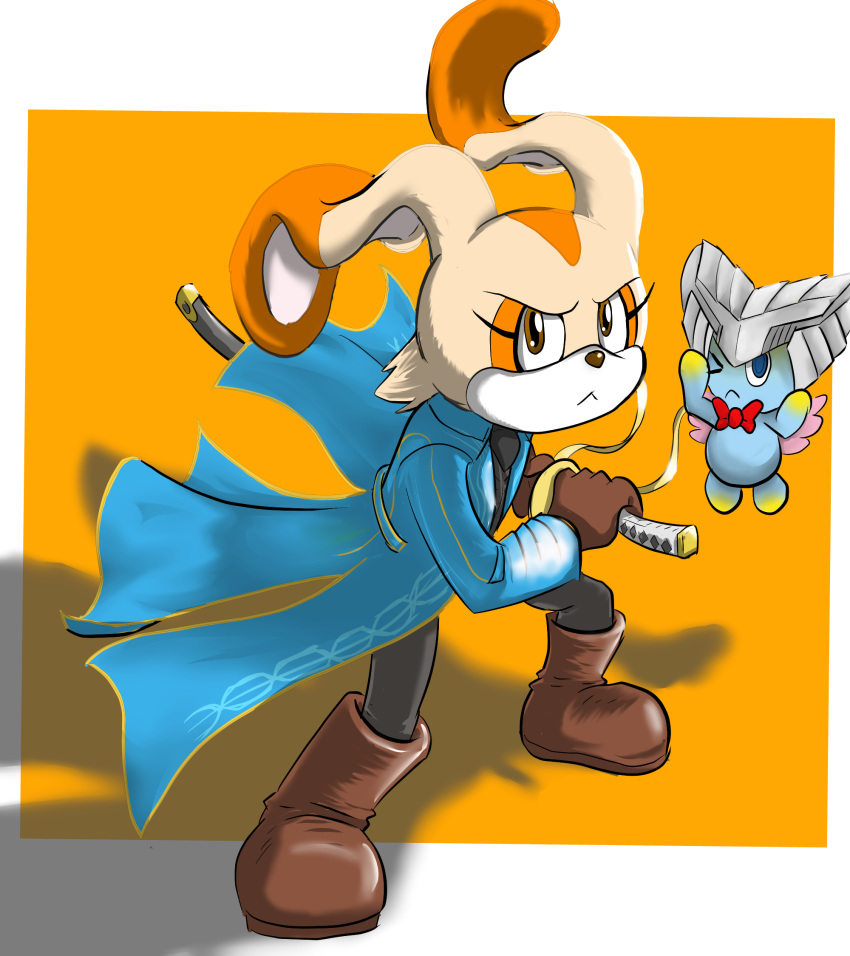 anthro capcom chao_(sonic) cheese_the_chao clothing cosplay costume cream_the_rabbit devil_may_cry duo female geminart hi_res katana lagomorph leporid long_coat mammal melee_weapon pose rabbit sega sheathed_weapon sonic_the_hedgehog_(series) sword vergil_(devil_may_cry) weapon