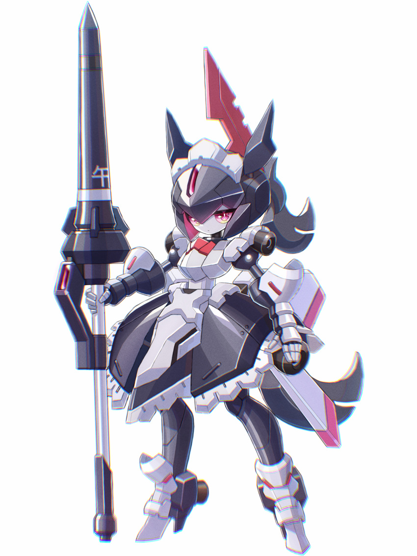 apron black_dress chromatic_aberration dot_nose dress expressionless fake_horns female gauntlets helmet high_heels highres holding holding_polearm holding_weapon horned_helmet horns joints lance looking_at_viewer maid maid_apron maid_headdress original petticoat polearm red_eyes robot_girl robot_joints simple_background weapon white_background yoyoyoyoyo_(turuse)