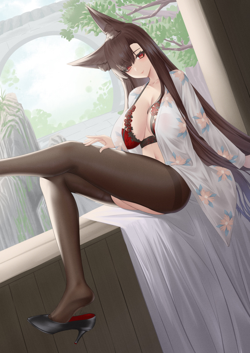 absurdres akagi_(azur_lane) animal_ears azur_lane black_footwear bra breasts brown_hair brown_thighhighs choker collarbone condom condom_wrapper extreme_dangling female foot_out_of_frame fox_girl high_heels highres ichikushi_mojibake lace-trimmed_bra lace_trim large_breasts long_hair red_bra red_choker red_eyes shoes sitting solo thighhighs underwear very_long_hair window