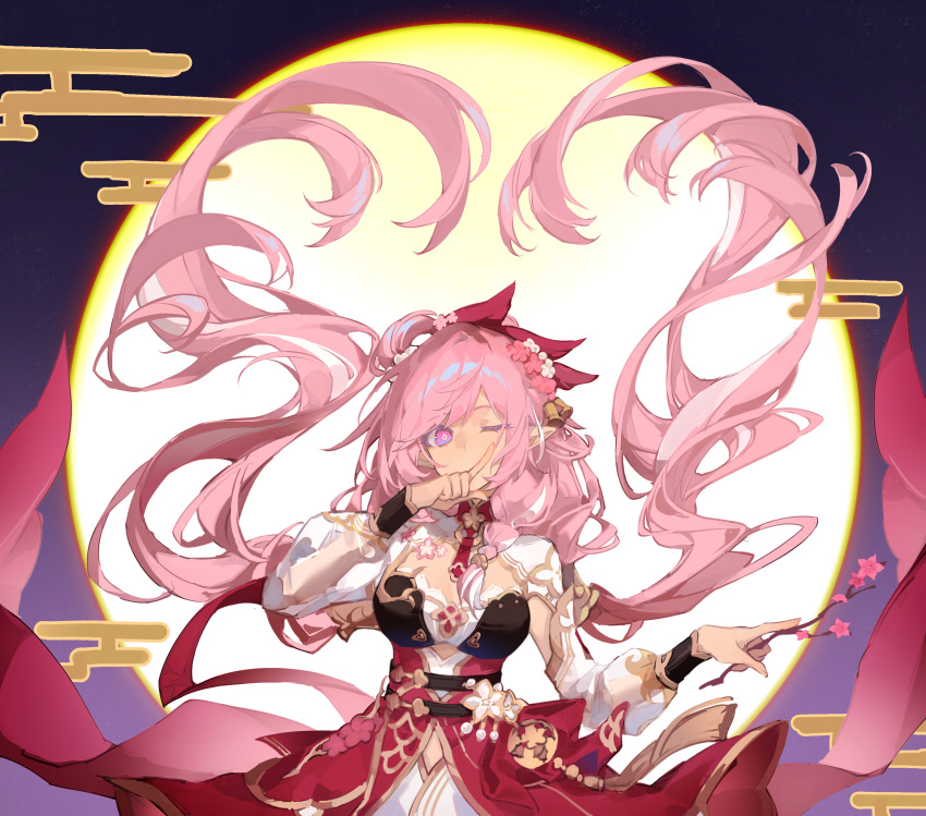 absurdres bell braid branch breasts chinese_clothes chinese_commentary commentary_request diamond-shaped_pupils diamond_(shape) dress elysia_(herrscher_of_human:_ego)_(honkai_impact) elysia_(honkai_impact) elysia_(peachy_spring)_(honkai_impact) female flower full_moon hair_bell hair_flower hair_ornament highres holding holding_branch honkai_(series) honkai_impact_3rd large_breasts long_hair long_sleeves moon official_alternate_costume one_eye_closed pink_hair puffy_long_sleeves puffy_sleeves purple_eyes red_dress single_braid solo symbol-shaped_pupils upper_body youzaiyouzai143