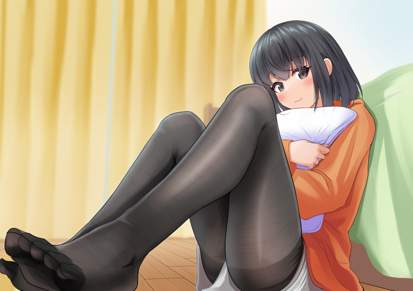 absurdres black_hair black_pantyhose blush curtains female grey_eyes highres holding holding_pillow indoors k1kojima looking_at_viewer looking_to_the_side medium_hair no_shoes orange_sweater original pantyhose pillow shorts sitting smile solo sweater wavy_mouth white_shorts