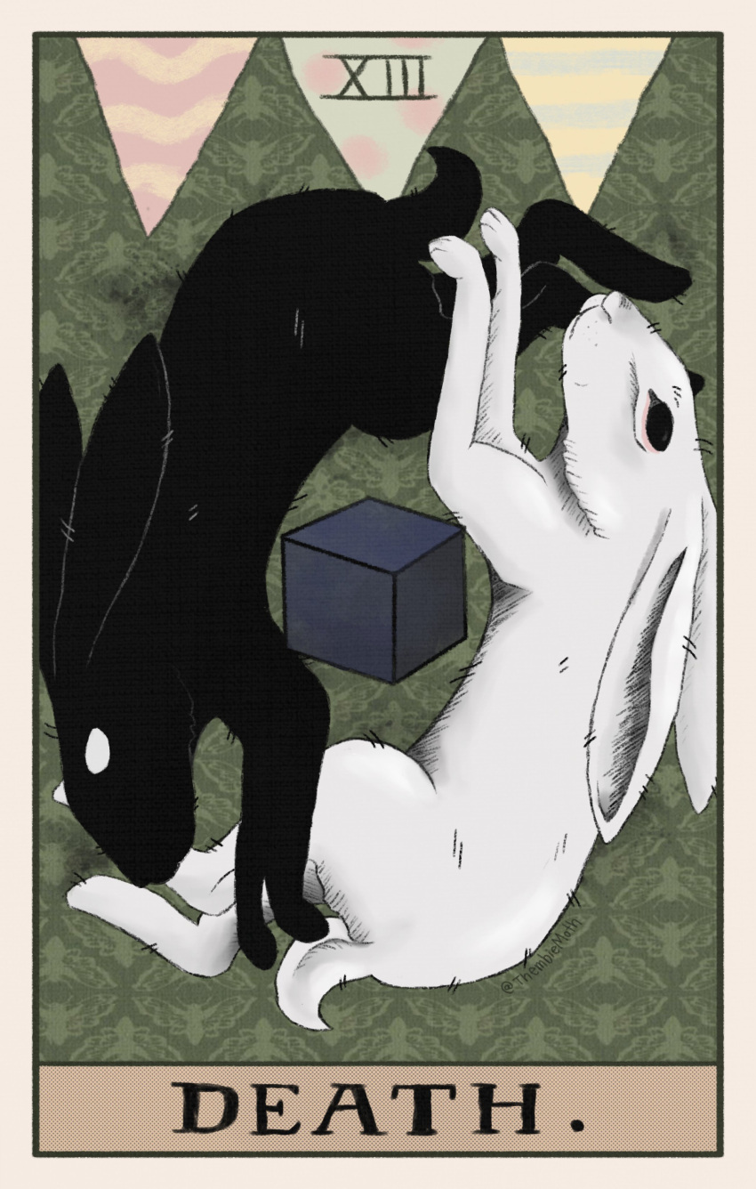 absurd_res black_body black_eyes black_fur card cube english_text feet feral fur hi_res lagomorph leporid mammal mr._rabbit rabbit rusty_lake rusty_lake_roots spirit tail tarot tarot_card text thembiemoth white_body white_eyes white_fur