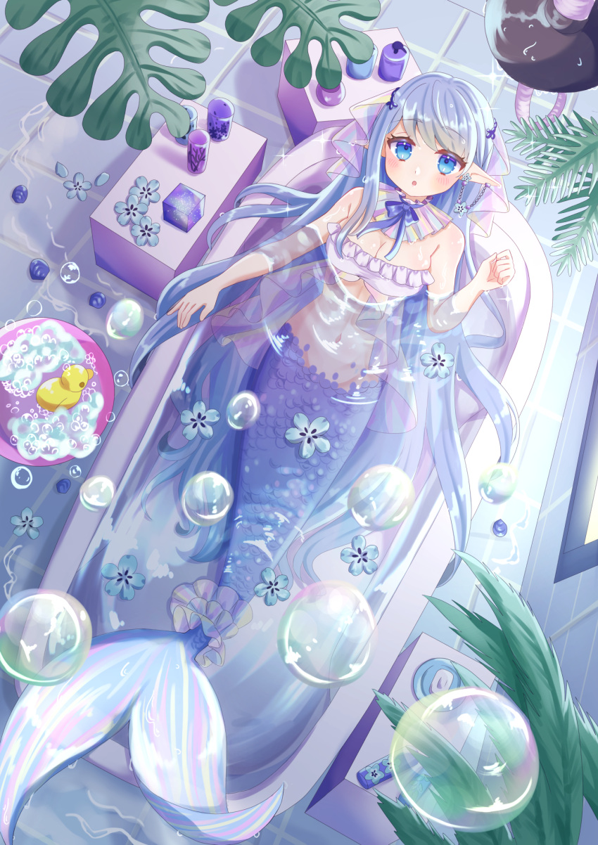 bathtub blue_eyes blue_hair blush breasts earrings female flower hamkuti highres jewelry light_blue_hair long_hair mermaid monster_girl navel original plant pointy_ears rubber_duck soap soap_bubbles solo tile_floor tiles very_long_hair window