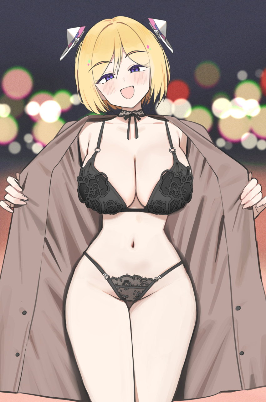 aki_rosenthal black_bra black_panties blonde_hair blurry blush bokeh bra breasts brown_coat cleavage coat depth_of_field duffel_coat exhibitionism feet_out_of_frame female hair_ornament highres hololive large_breasts looking_at_viewer navel open_clothes open_coat open_mouth panties public_indecency purple_eyes short_hair smile solo standing stomach twin_(tt_lsh) underwear virtual_youtuber