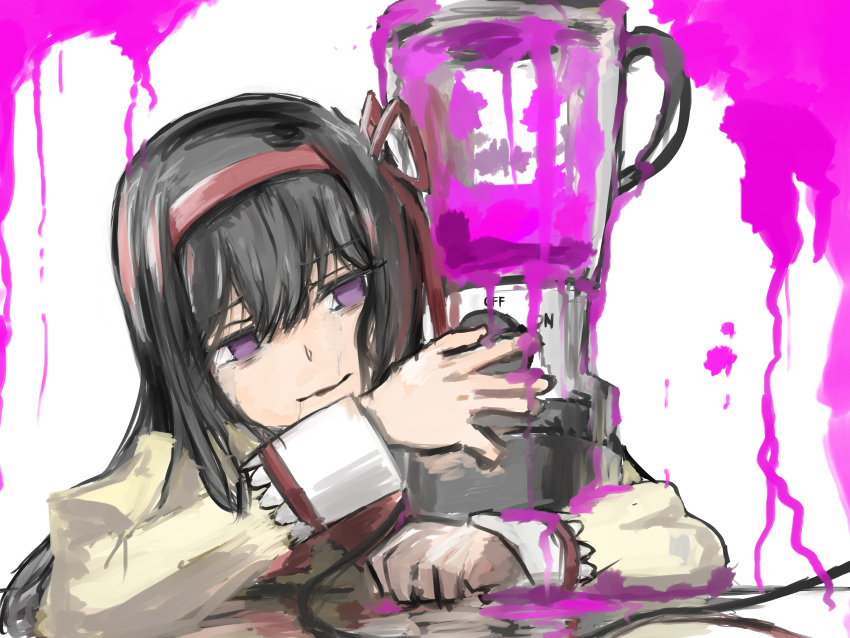 absurdres akemi_homura arms_on_table bags_under_eyes black_hair blender_(object) blood bow bowtie cable commentary crying crying_with_eyes_open empty_eyes false_smile female hair_ribbon hairband highres imminent_suicide juliet_sleeves lace-trimmed_sleeves lace_trim long_hair long_sleeves mahou_shoujo_madoka_magica mahou_shoujo_madoka_magica_(anime) mitakihara_school_uniform parted_lips pink_blood puffy_sleeves red_bow red_bowtie red_hairband red_ribbon reflective_surface ribbon sad school_uniform shirt smile solo streaming_tears table takeraka tears upper_body white_background white_sleeve_cuffs yellow_shirt