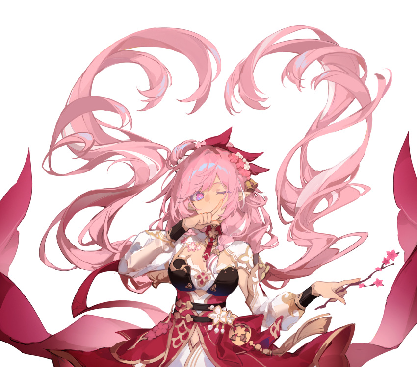 absurdres bell braid branch breasts chinese_clothes chinese_commentary commentary_request diamond-shaped_pupils diamond_(shape) dress elysia_(herrscher_of_human:_ego)_(honkai_impact) elysia_(honkai_impact) elysia_(peachy_spring)_(honkai_impact) female flower hair_bell hair_flower hair_ornament highres holding holding_branch honkai_(series) honkai_impact_3rd large_breasts long_hair long_sleeves moon official_alternate_costume one_eye_closed pink_hair puffy_long_sleeves puffy_sleeves purple_eyes red_dress simple_background single_braid solo symbol-shaped_pupils upper_body white_background youzaiyouzai143