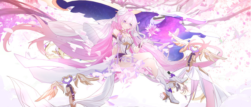 absurdres bare_shoulders bell black_shorts boots breasts cherry_blossoms chinese_commentary closed_mouth commentary_request corset crossed_legs crystal_flower diamond-shaped_pupils diamond_(shape) elysia_(herrscher_of_human:_ego)_(honkai_impact) elysia_(honkai_impact) falling_petals female gloves high_heel_boots high_heels highres honkai_(series) honkai_impact_3rd incredibly_absurdres long_hair manta_ray medium_breasts petals pink_hair purple_eyes short_shorts shorts siroka smile symbol-shaped_pupils veil very_long_hair white_corset white_footwear white_gloves white_veil