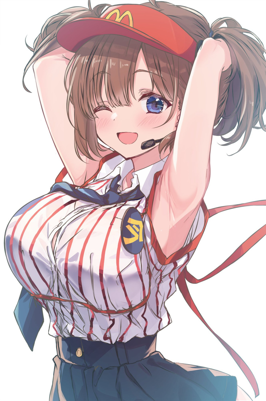 armpits badge blue_eyes blush brown_hair button_badge collared_shirt cutlass_(classic_chocolate) double_cheese_(mcdonald's) employee_uniform fast_food_uniform female hat highres looking_at_viewer mcdonald's necktie red_hat shirt solo twintails visor_cap