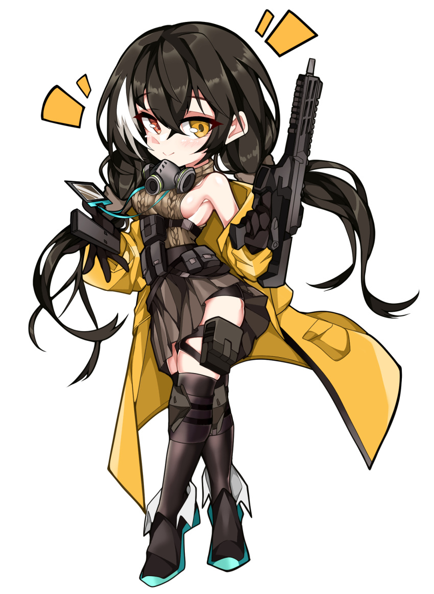 black_gloves black_hair black_thighhighs breasts brown_sweater_vest coat colt_9mm_smg commentary_request deformed female full_body girls'_frontline gloves godgamesc2 grey_background gun heterochromia highres id_card korean_commentary lanyard long_hair looking_at_viewer magazine_(weapon) mask mask_around_neck multicolored_hair red_eyes respirator ro635_(girls'_frontline) ro635_(mod3)_(girls'_frontline) sideboob simple_background sleeveless sleeveless_sweater smile solo standing streaked_hair submachine_gun sweater sweater_vest thighhighs weapon white_hair yellow_coat yellow_eyes