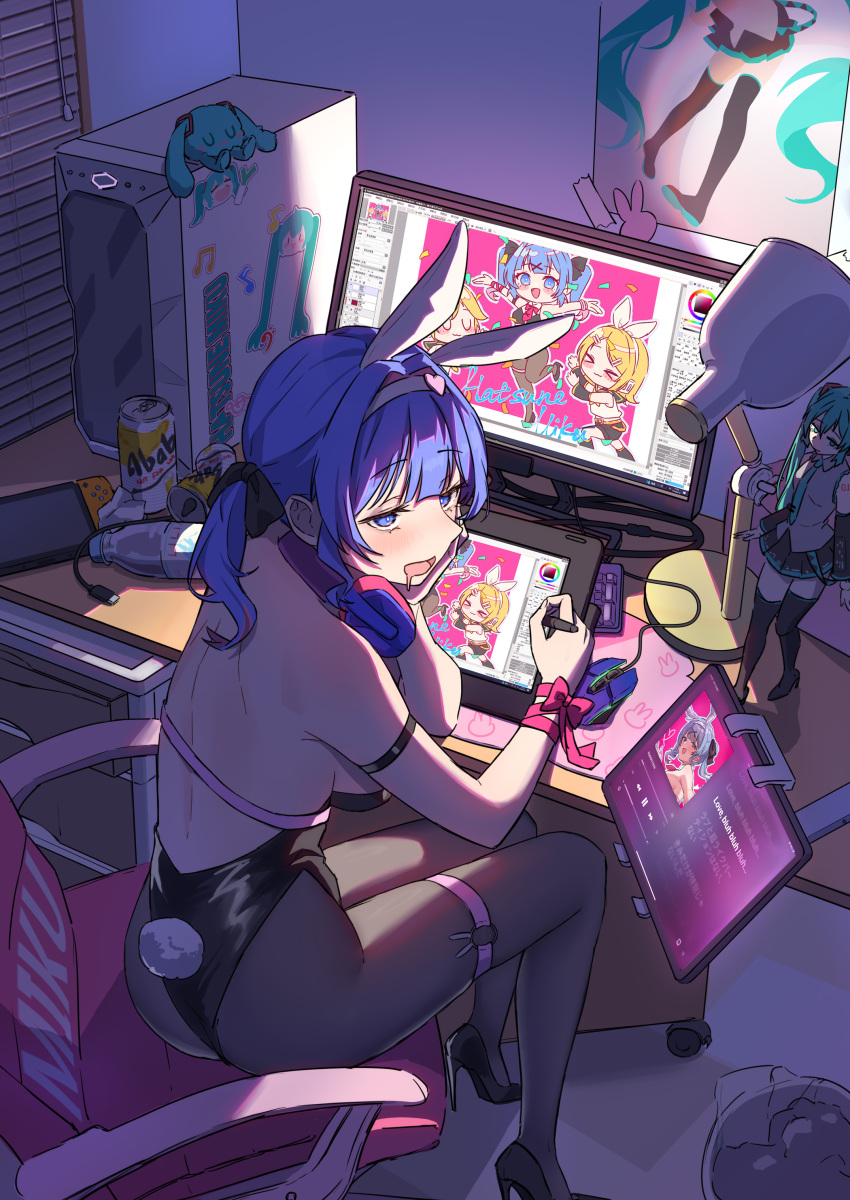 absurdres animal_ears aqua_eyes aqua_hair arm_strap black_leotard computer computer_keyboard desk drawing_tablet fake_animal_ears female figure hair_ornament hatsune_miku highres holding holding_stylus holding_tablet_pc indoors kagamine_len kagamine_rin lamp leotard linsuan_er_qing_an long_hair monitor nintendo_switch pink_pupils playboy_bunny poster_(object) rabbit_hole_(vocaloid) sitting solo stylus swivel_chair tablet_pc thigh_strap twintails vocaloid window_blinds x_hair_ornament