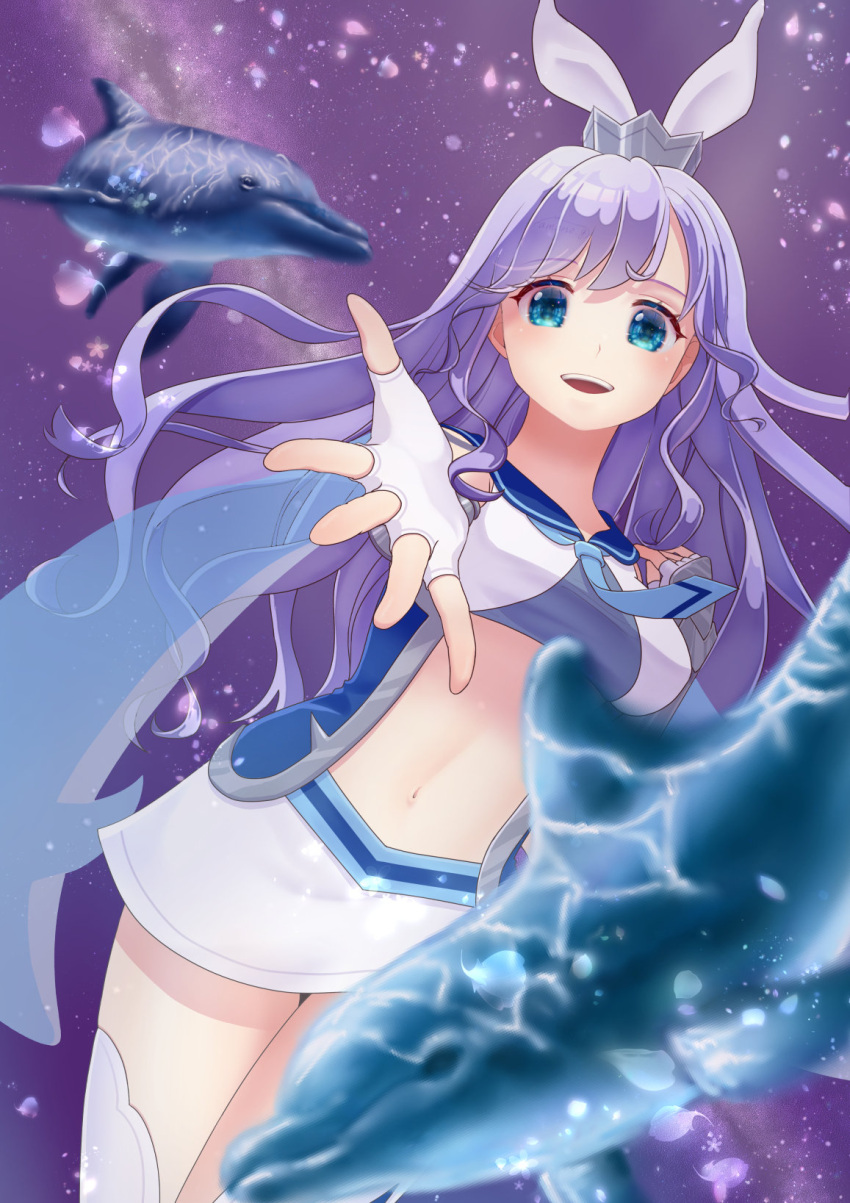 armor blue_eyes breasts delphinus_yukino_(saint_seiya:_rising_cosmo) dolphin female fingerless_gloves gloves highres long_hair metal_hairband navel open_mouth outstretched_arm outstretched_hand purple_hair saint_seiya saint_seiya:_rising_cosmo skirt smile socks solo tamane_g teeth upper_teeth_only white_gloves white_skirt white_socks