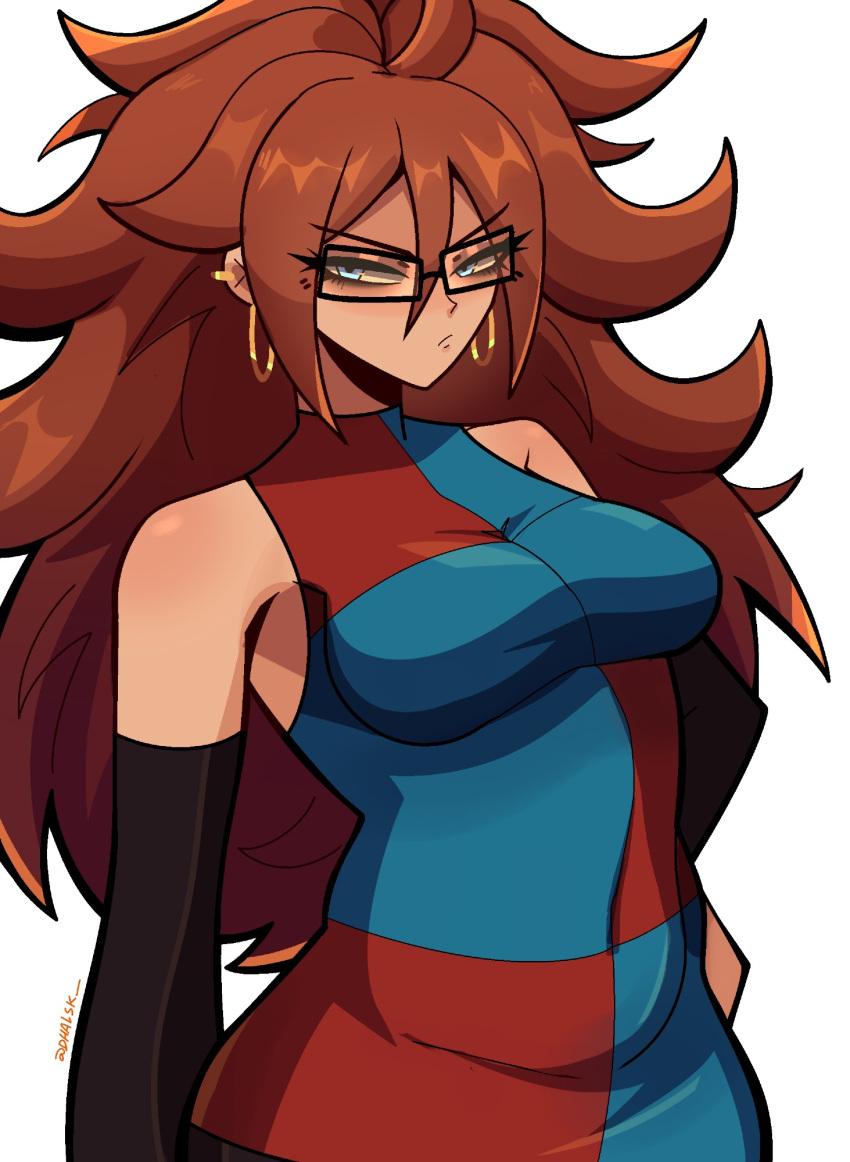 android_21 artist_name black-framed_eyewear blue_eyes breasts checkered_clothes checkered_dress commentary detached_sleeves dhalsk dragon_ball dragon_ball_fighterz dress earrings female glasses hair_between_eyes highres hoop_earrings jewelry long_hair red_ribbon_army simple_background solo