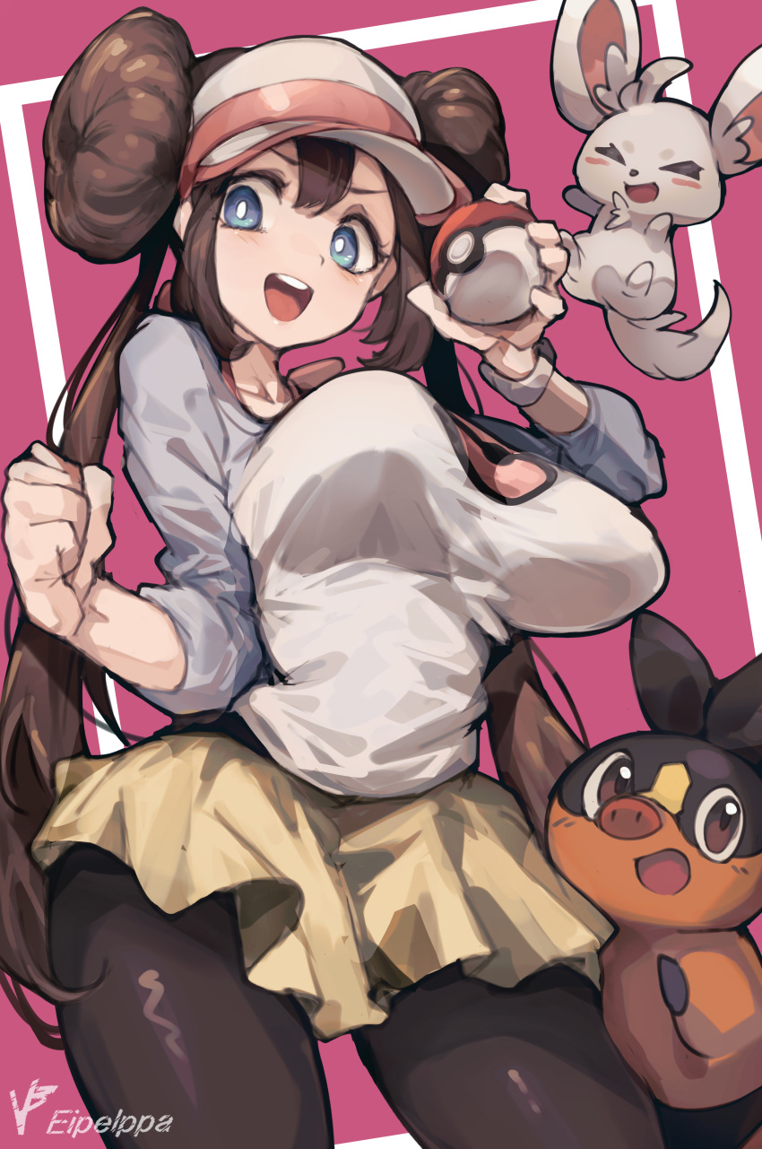 absurdres black_pantyhose blue_eyes breasts brown_eyes commentary_request double_bun doughnut_hair_bun hair_bun highres iparupua large_breasts long_hair minccino open_mouth pantyhose pink_background poke_ball pokemon pokemon_bw raglan_sleeves rosa_(pokemon) shirt shorts teeth tepig upper_teeth_only visor_cap white_shirt yellow_shorts