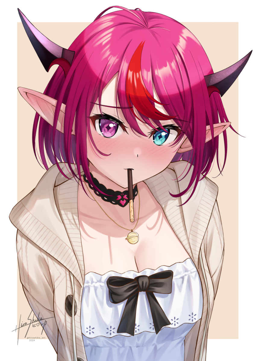 black_choker blue_eyes blush bob_cut border breasts brown_background brown_cardigan cable_knit cardigan choker cleavage commentary_request dress ear_blush empire_waist food food_in_mouth frilled_dress frills guyrys heterochromia highres hololive hololive_english hood hooded_cardigan horns incoming_pocky_kiss irys_(casualrys)_(hololive) irys_(hololive) jewelry lace-trimmed_choker lace_trim large_breasts long_pointy_ears looking_at_viewer multicolored_hair necklace official_alternate_costume official_alternate_hairstyle open_cardigan open_clothes pocky pocky_day pocky_in_mouth pointy_ears purple_eyes purple_hair red_hair short_hair simple_background skyrail star-shaped_pupils star_(symbol) streaked_hair swept_bangs symbol-shaped_pupils upper_body virtual_youtuber white_border white_dress