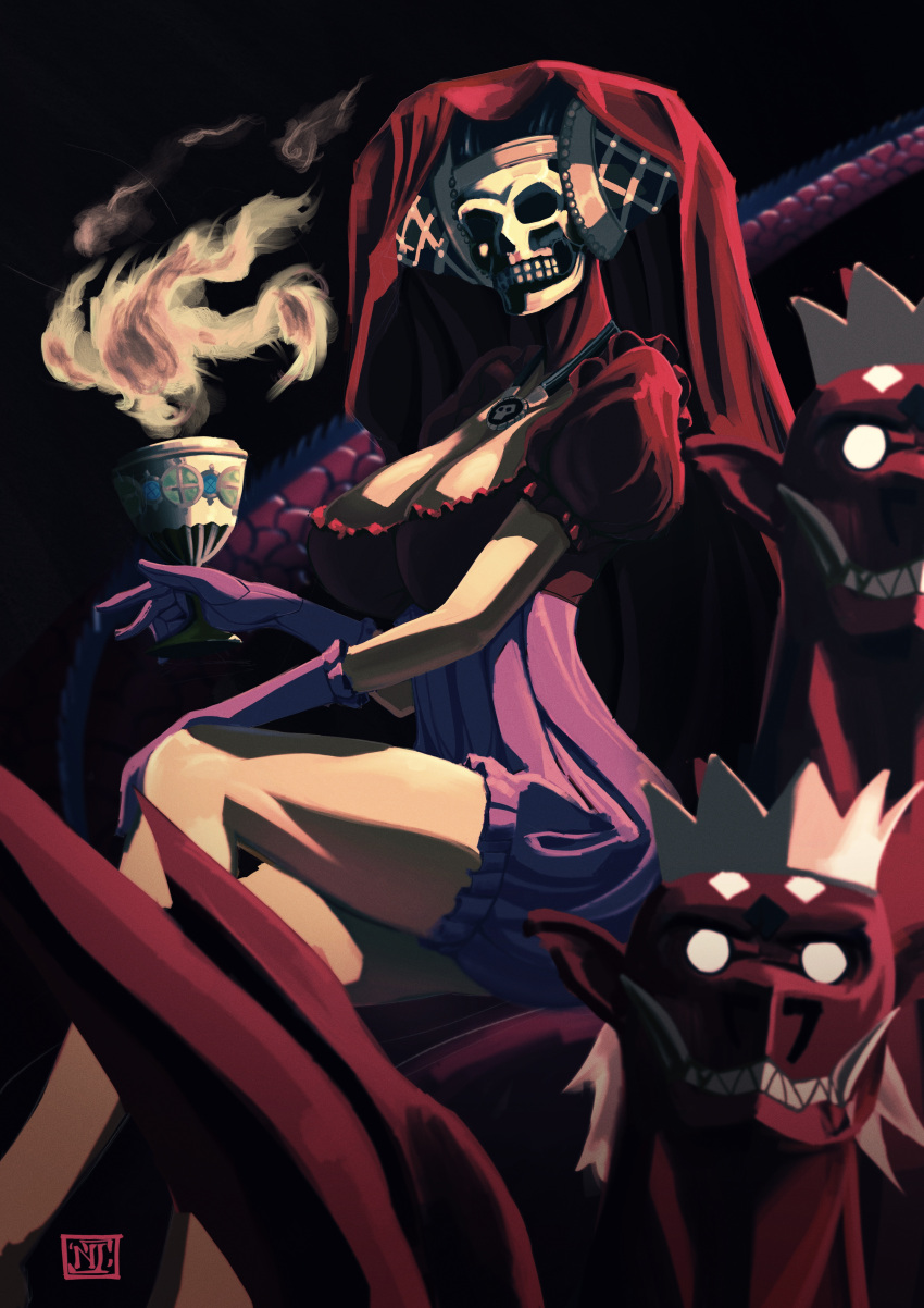 absurdres black_background breasts chalice cleavage crossed_legs crown cup demon_girl dress english_commentary fangs feet female gloves highres holding holding_cup hood horns jewelry large_breasts looking_at_viewer monster mother_harlot_(megami_tensei) necklace nemojona puffy_short_sleeves puffy_sleeves sharp_teeth shin_megami_tensei shin_megami_tensei_iii:_nocturne short_sleeves sitting skeletal_face smoke solo teeth thighs