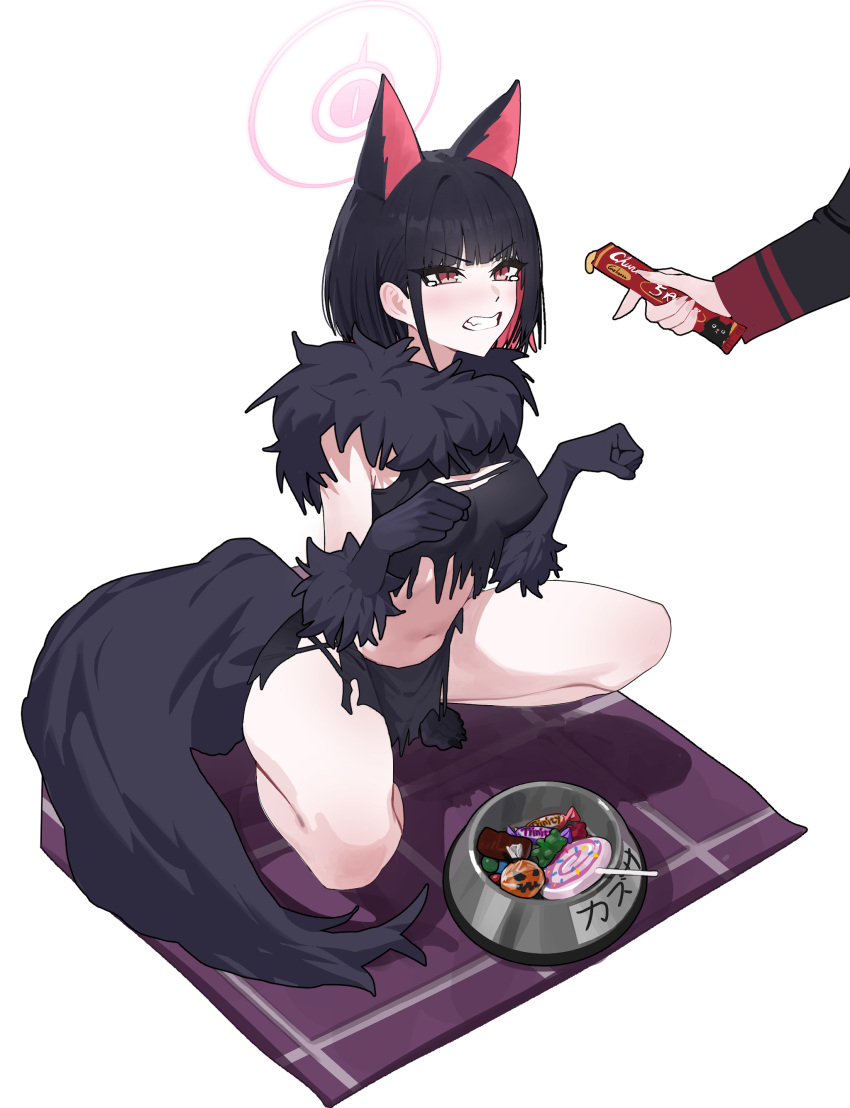 1other absurdres animal_ears black_gloves black_hair black_skirt blue_archive bowl cat_ears cat_girl clenched_teeth colored_inner_hair commentary_request crop_top extra_ears female food fur-trimmed_gloves fur_scarf fur_trim gloves halloween_costume highres holding holding_food kazusa_(blue_archive) kazusa_(halloween)_(blue_archive) looking_at_another multicolored_hair navel official_alternate_costume pet_bowl pink_hair red_eyes revision short_hair skirt squatting stomach sweets tanuking tearing_up teeth thighs torn_clothes werewolf_costume