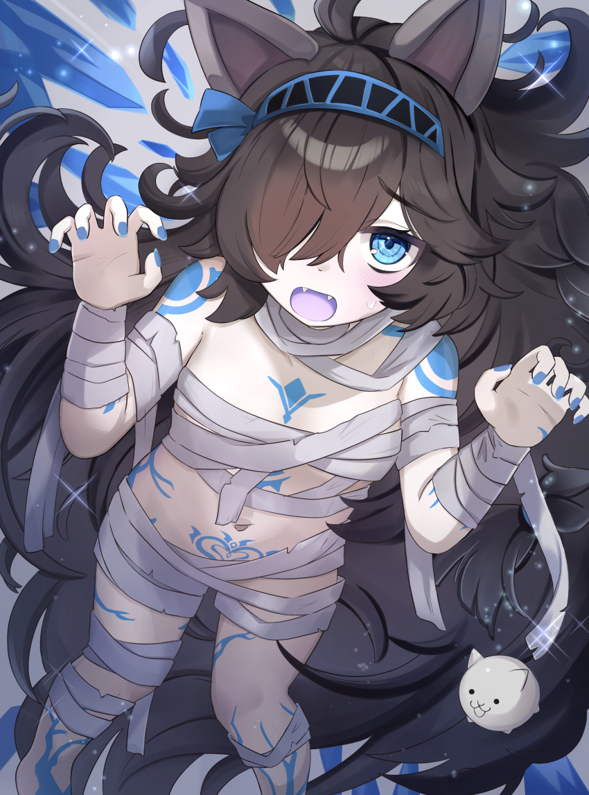 absurdly_long_hair absurdres animal_ears bandages black_hair blue_eyes blue_nails body_markings breasts cat_(nyanko_daisensou) cat_ears cat_girl claw_pose dark_kasli_(nyanko_daisensou) fangs female hair_over_one_eye hairband highres kasli_(nyanko_daisensou) long_hair looking_at_viewer looking_up mummy_costume naked_bandage navel nekopurin_(nyanko_prin) nyanko_daisensou open_mouth small_breasts stomach very_long_hair