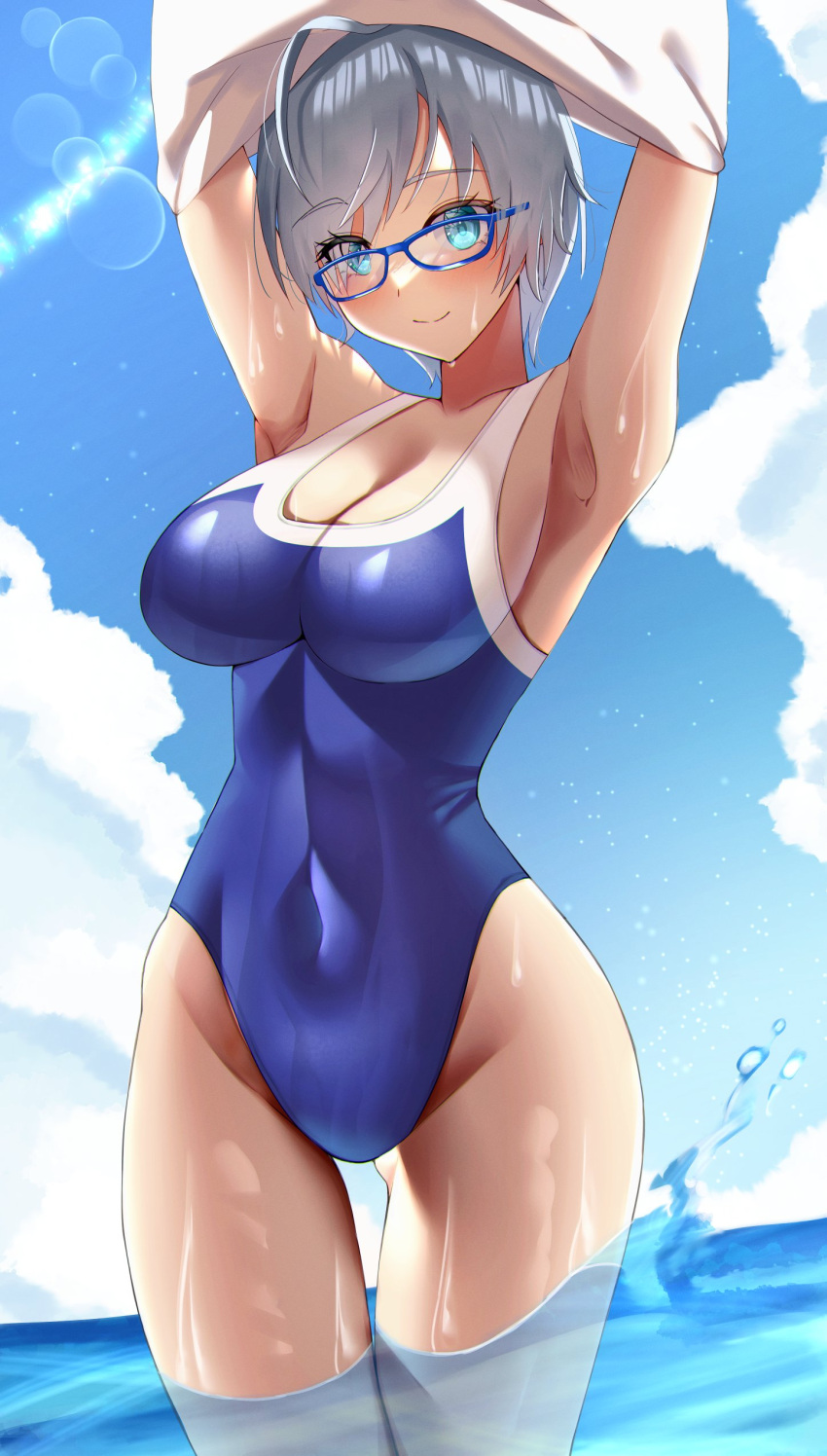 absurdres ahoge arms_up blue-framed_eyewear blue_eyes blue_one-piece_swimsuit blue_sky breasts cleavage closed_mouth cloud collarbone commentary_request commission covered_navel day female glasses grey_hair highres katagirinanoka large_breasts ocean one-piece_swimsuit original outdoors second-party_source shirt short_hair skeb_commission sky smile solo standing swimsuit thighs undressing wading water white_shirt