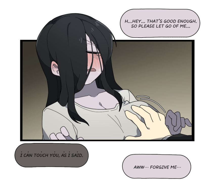 black_hair breasts cleavage colored_speech_bubble crying english_text female ghost_girl ghost_girl_(gomulgong) gomulgong grabbing_another's_breast groping indoors large_breasts long_hair long_sleeves original pale_skin sad speech_bubble sweat