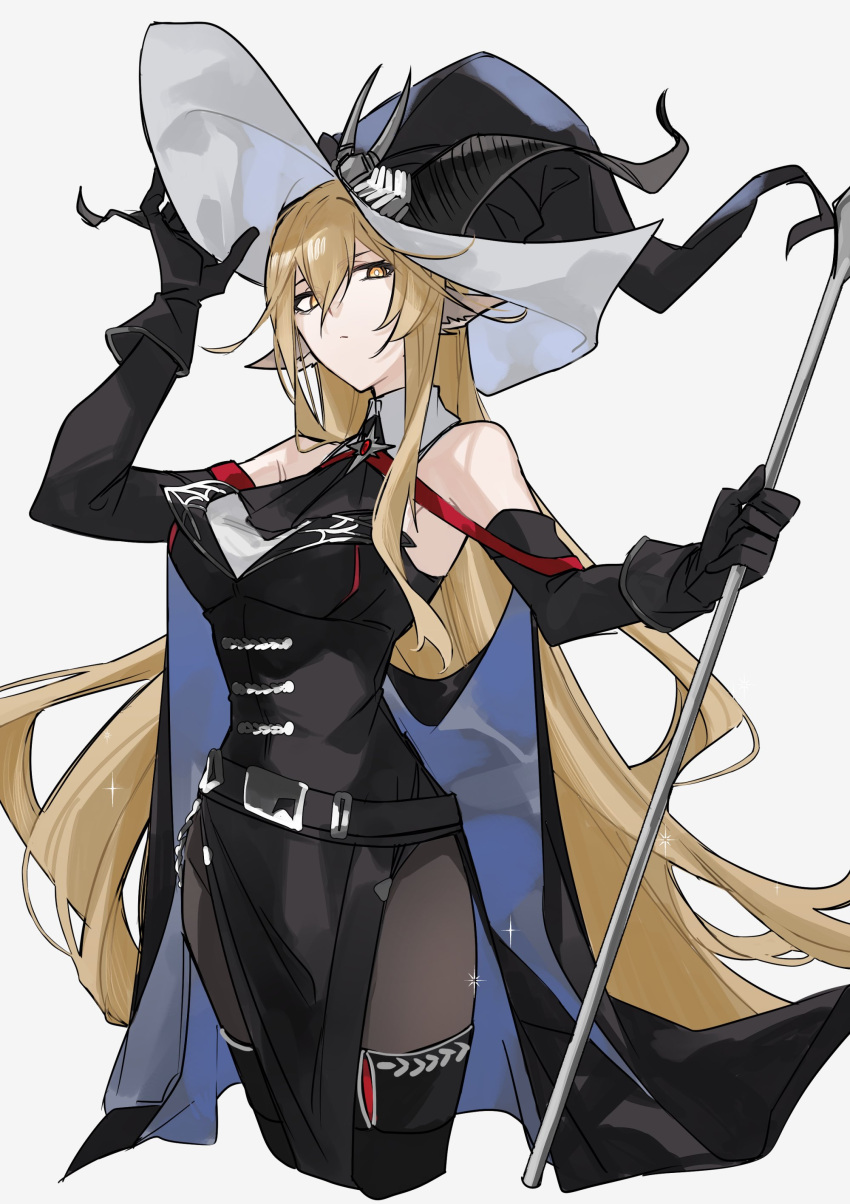 absurdres animal_ears arknights black_cape black_dress black_gloves black_hat black_pantyhose blonde_hair cape cropped_legs degenbrecher_(arknights) degenbrecher_(the_shadow_of_the_dark_moon)_(arknights) detached_sleeves dress female gloves goat_ears goat_girl goat_horns hat highres holding holding_staff horns long_hair official_alternate_costume pantyhose pelvic_curtain simple_background solo staff very_long_hair white_background witch_hat yakota_(usuk-yako) yellow_eyes