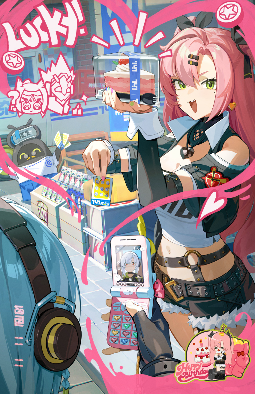 2girls :d absurdres anby_demara bare_shoulders billy_kid black_gloves cake cellphone flip_phone food gloves green_eyes headphones highres holding holding_cake holding_food holding_phone long_sleeves midriff mole mole_under_eye multiple_girls navel nekomiya_mana nicole_demara official_art open_mouth phone pink_hair smile stomach strapless tube_top zenless_zone_zero