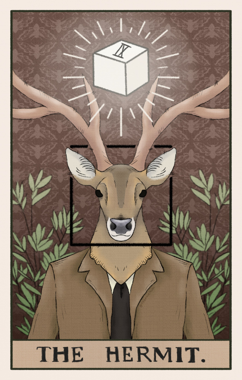 absurd_res anthro antlers black_eyes black_nose brown_body brown_fur card clothed clothing cube deer english_text fur hi_res horn jacket male mammal mr._deer necktie outside plant rusty_lake rusty_lake_roots shirt solo tan_antlers tarot tarot_card text thembiemoth topwear tree