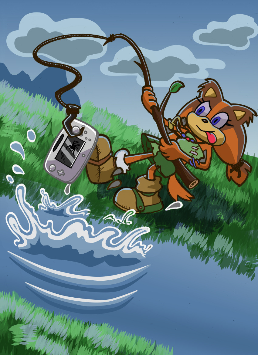 absurd_res anthro autenticovadito badger blue_eyes branch colored controller digital_media_(artwork) female fish_hook fishing game_controller hi_res hook humanoid mammal mustelid musteline nintendo nintendo_controller sega sky solo sonic_boom sonic_the_hedgehog_(series) sonic_toon sticks_the_jungle_badger tongue tongue_out water wii_u wii_u_gamepad