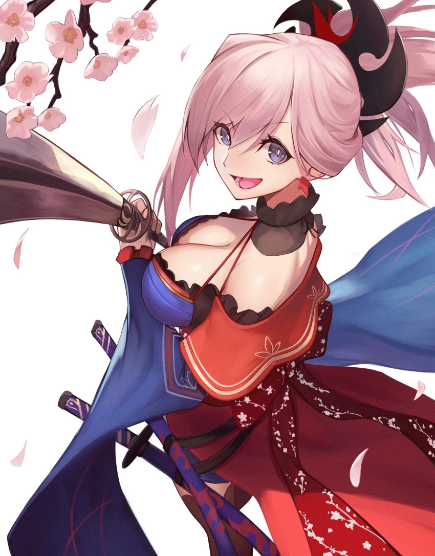 bare_shoulders blue_eyes blue_kimono breasts cherry_blossoms cleavage detached_collar earrings fate/grand_order fate_(series) female genshu_doki hair_ornament highres japanese_clothes jewelry katana kimono large_breasts long_hair long_sleeves looking_at_viewer miyamoto_musashi_(fate) open_mouth pink_hair ponytail sash short_kimono smile swept_bangs sword thighhighs thighs weapon wide_sleeves