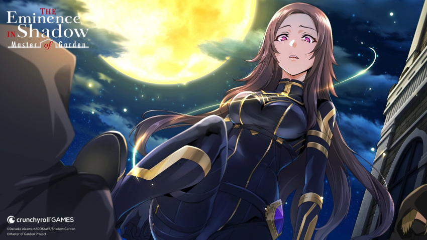 artist_request black_bodysuit black_footwear bodysuit boots breasts bright_pupils brown_hair cloud copyright_notice crunchyroll female from_below full_moon gem highres hood kage_no_jitsuryokusha_ni_naritakute! kage_no_jitsuryokusha_ni_naritakute!_master_of_garden logo long_hair moon night night_sky nu_(kage_no_jitsuryokusha_ni_naritakute!) official_art purple_eyes purple_gemstone sky teeth upper_teeth_only white_pupils