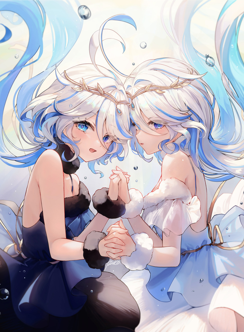 2girls absurdres artist_name bare_back bare_shoulders black_dress blue_dress blue_hair breasts circlet cowlick dress floating_hair focalors_(genshin_impact) from_side fur_choker fur_wrist_cuffs furina_(genshin_impact) genshin_impact heterochromia highres holding_hands light_blue_hair looking_at_viewer multiple_girls pioko small_breasts upper_body white_dress wrist_cuffs