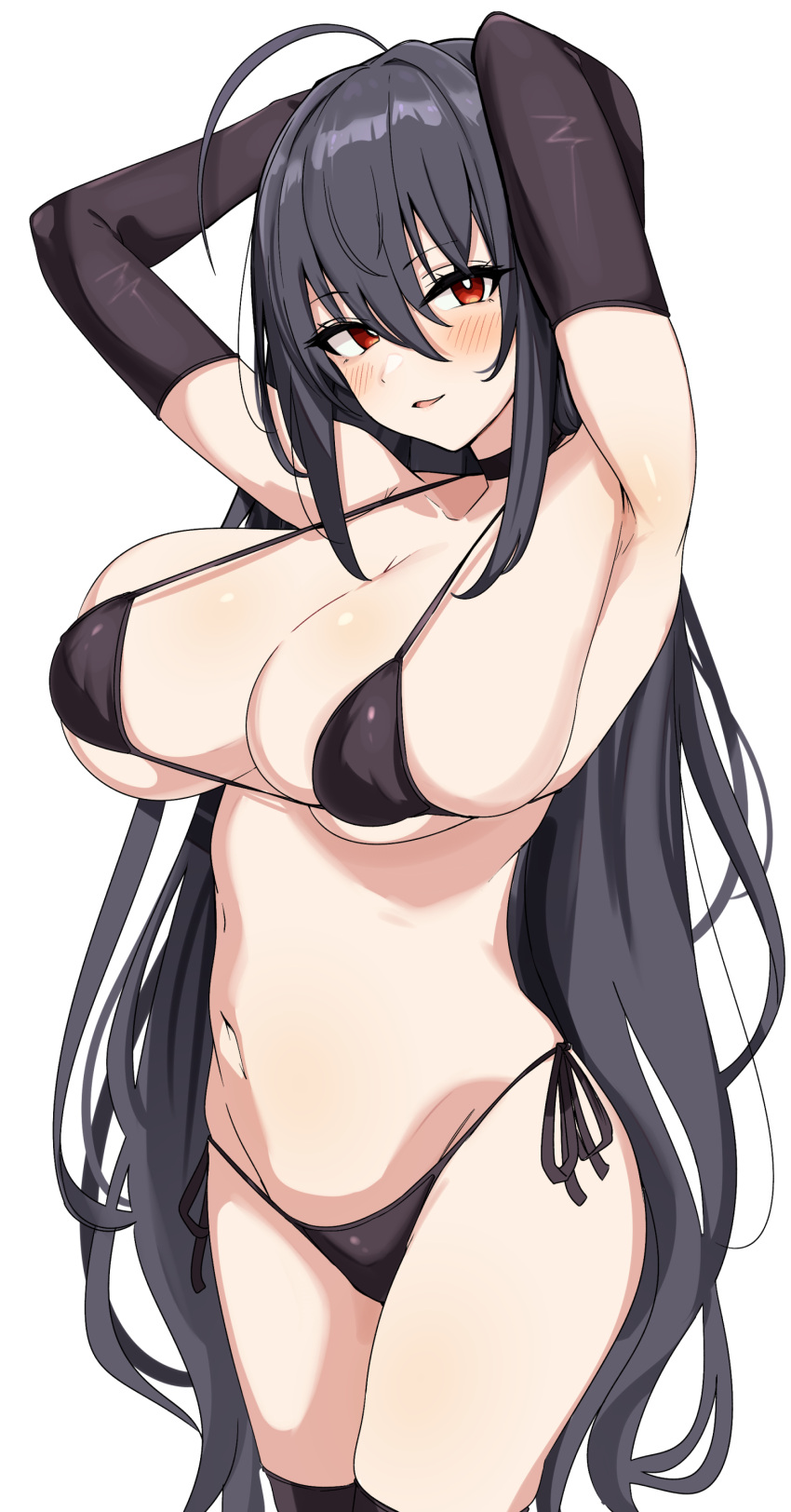 absurdres armpits arms_behind_head arms_up azur_lane bare_shoulders bikini black_bikini black_gloves black_hair black_thighhighs blush breasts choker cleavage collarbone crossed_bangs elbow_gloves female gloves highres huge_breasts long_hair looking_at_viewer navel one_side_up open_mouth red_eyes seihekiog smile solo swimsuit taihou_(azur_lane) thighhighs thighs very_long_hair