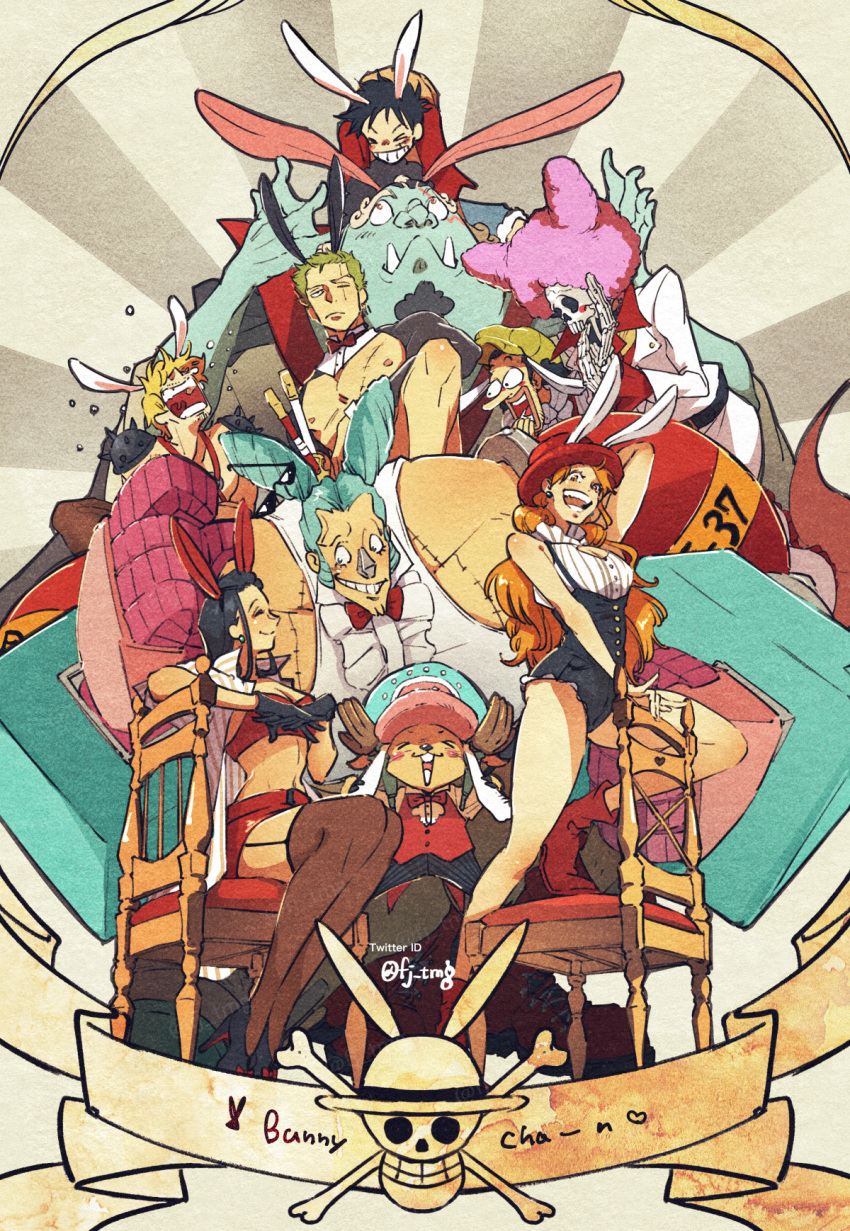 >_< 2girls 6+boys afro animal_ears antlers arm_behind_head arm_up armor bare_arms bare_legs bare_shoulders beard behind_another black_hair blonde_hair blush_stickers bow bowtie breasts brook_(one_piece) bulging_eyes chair cleavage cleavage_cutout closed_eyes closed_mouth clothing_cutout colored_skin facial_hair fake_animal_ears fangs fish_boy franky_(one_piece) frontless_outfit fujisee furry furry_male garter_straps gloves green_hair green_skin grin hair_ears hat height_difference highres horns jinbe_(one_piece) laughing leotard long_hair meme_attire miniskirt monkey_d._luffy multiple_boys multiple_girls nami_(one_piece) nico_robin one_piece open_clothes open_mouth open_shirt orange_hair pants pink_hair prosthesis prosthetic_arm rabbit_ears reindeer_antlers reverse_bunnysuit reverse_outfit roronoa_zoro sanji_(one_piece) shirt shoes short_hair shoulder_armor shoulder_spikes sideburns sitting skeleton skirt sleeveless sleeveless_shirt smile spikes standing straw_hat_pirates thighhighs tony_tony_chopper undead usopp very_long_hair vest