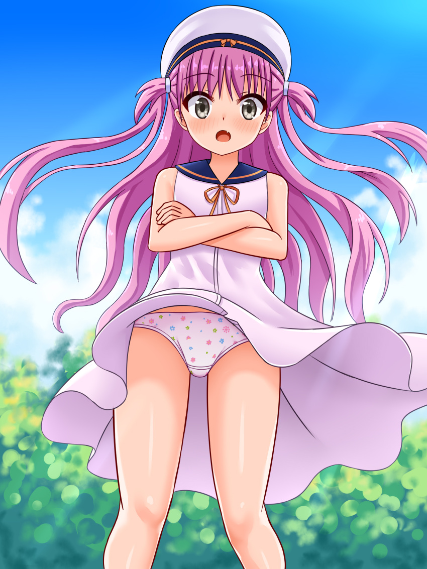 :o blue_sailor_collar blue_sky blush clothes_lift commentary_request crossed_arms day dress dress_lift feet_out_of_frame female floating_hair floral_print floral_print_panties grey_eyes hat highres katou_umi long_hair looking_at_viewer oerba_yun_fang open_mouth outdoors panties pantyshot pink_hair print_panties ribbon sailor_collar sailor_dress sailor_hat skin_fang sky sleeveless sleeveless_dress solo standing straight-on summer_pockets sunlight surprised tamba_i thighs two_side_up underwear very_long_hair white_dress white_hat white_panties wide-eyed wind wind_lift yellow_ribbon