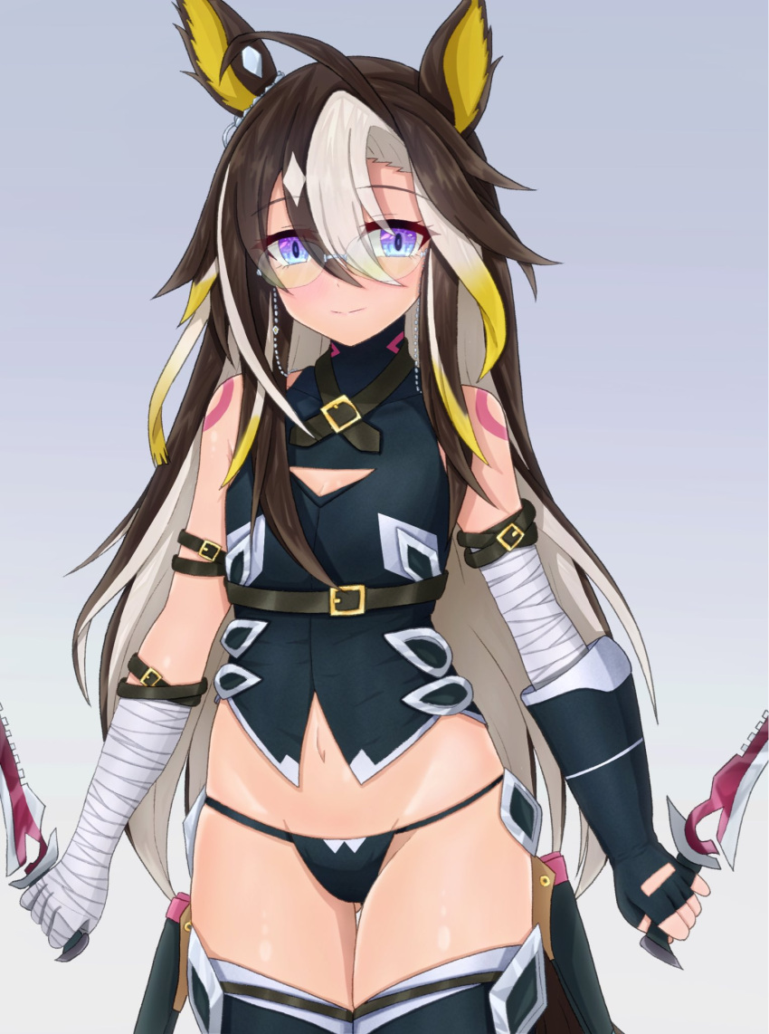 ahoge animal_ears arm_belt ass_visible_through_thighs bandaged_arm bandaged_hand bandages bare_shoulders black_gloves black_panties blue_eyes blush cosplay cowboy_shot dream_journey_(umamusume) ear_ornament eyewear_strap female fingerless_gloves flat_chest gloves gradient_background hair_between_eyes highres holding holding_weapon horse_ears horse_girl horse_tail jack_the_ripper_(fate/apocrypha) jack_the_ripper_(fate/apocrypha)_(cosplay) looking_at_viewer lowleg lowleg_panties m172/minatsu midriff multicolored_hair navel panties rimless_eyewear shoulder_tattoo single_glove smile solo streaked_hair tail tattoo umamusume underwear weapon white_hair