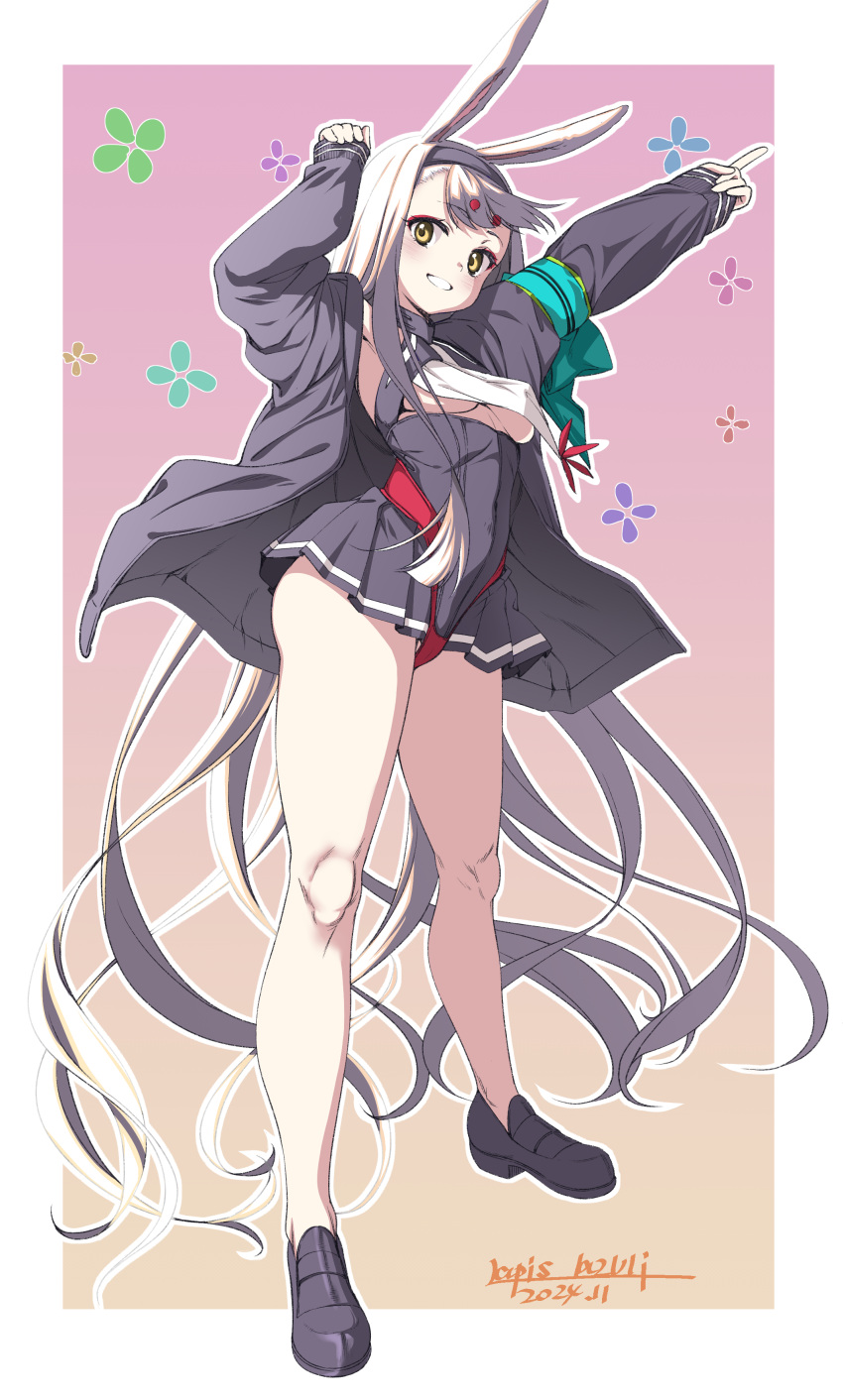 absurdres animal_ears arms_up azur_lane bikini bikini_over_clothes black_dress black_footwear black_jacket breasts brown_eyes dress female full_body grin hairband highres jacket legs long_hair pleated_dress rabbit_ears rabbit_girl red_bikini shimakaze_(azur_lane) shoes short_dress small_breasts smile solo standing swimsuit thighs umyonge_(lkakeu) underboob very_long_hair white_hair