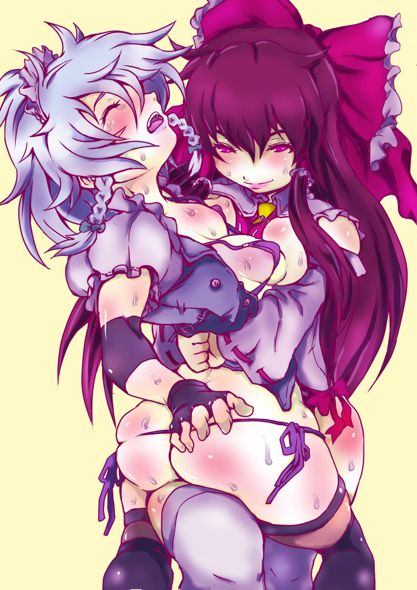 2girls absurdres ass bearhug bikini blush bow braid breasts brown_hair closed_eyes detached_sleeves grey_hair hairbow hakurei_reimu highres hug izayoi_sakuya long_hair maid_headdress multiple_girls open_mouth pain panties red_bow red_eyes ribbon ryona shirotateto short_hair side-tie_panties smile submission_hold sweat swimsuit tears touhou touhou_tag_dream twin_braids underwear wrestling wrestling_outfit