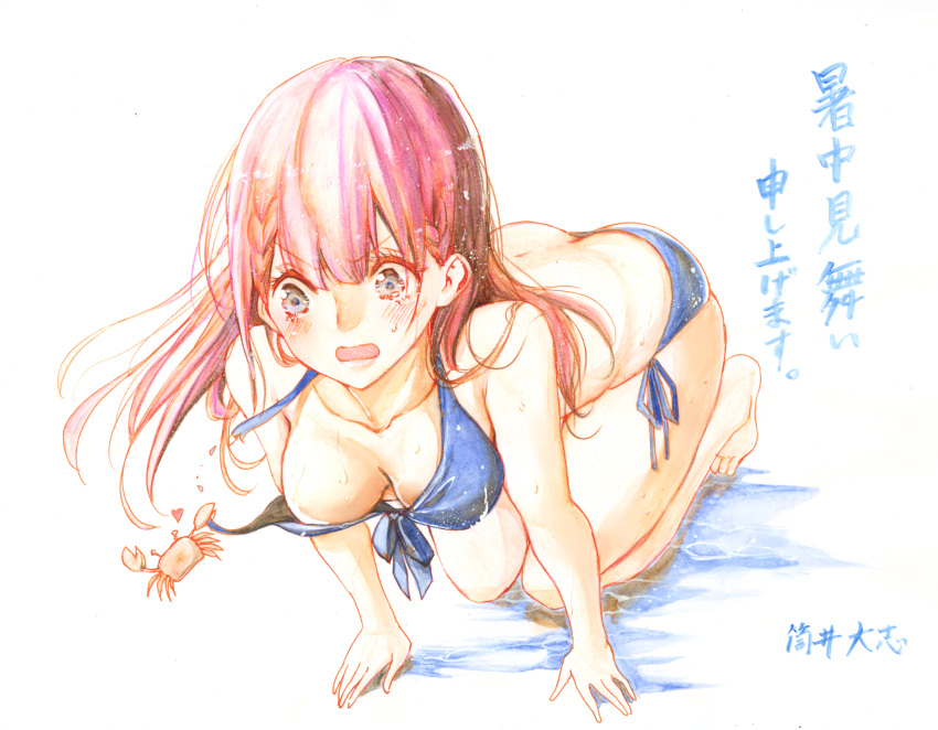 all_fours barefoot bikini blue_background blush bokutachi_wa_benkyou_ga_dekinai braid breasts collarbone commentary_request crab female front-tie_bikini_top front-tie_top grey_eyes heart highres kirisu_mafuyu long_hair medium_breasts open_mouth pink_hair side-tie_bikini_bottom simple_background solo swimsuit tearing_clothes torn_clothes translation_request tsutsui_taishi wardrobe_error wet white_background