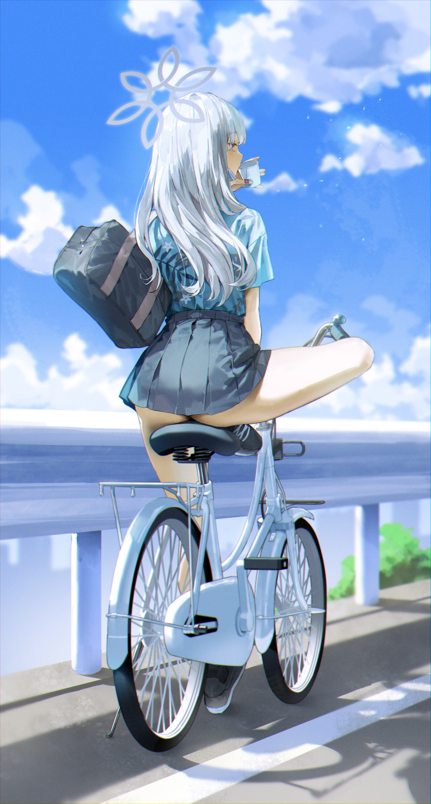 absurdres ass bag bicycle black_skirt blue_archive blue_shirt blue_sky cloud cloudy_sky commentary_request cup day female floral_print_shirt from_behind grey_hair grey_halo halo hawaiian_shirt highres holding holding_cup konoka_(blue_archive) kuroi_suna long_hair miniskirt outdoors pleated_skirt road school_bag shirt short_sleeves shoulder_bag sitting skirt sky thighs