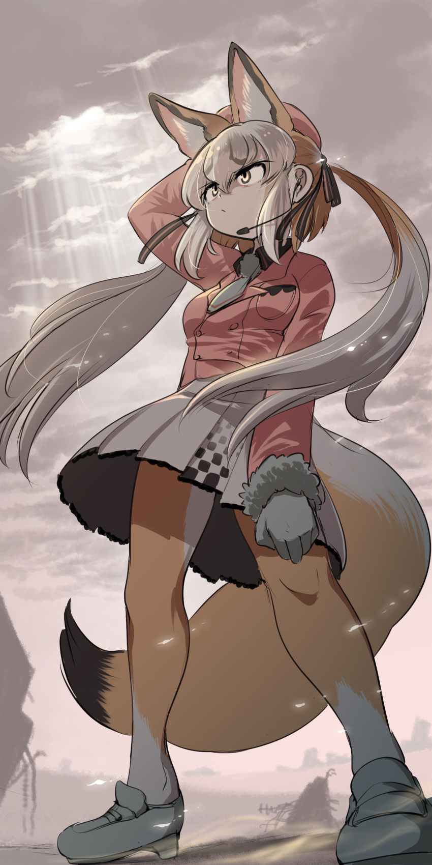 absurdres animal_ears beret black_shirt breast_pocket collared_shirt extra_ears female fox_ears fox_girl fox_tail frilled_skirt frills full_body fur_trim gloves hat highres island_fox_(kemono_friends) jacket kemono_friends kemono_friends_v_project light_rays loafers long_sleeves mcgunngu microphone multicolored_hair necktie orange_hair orange_jacket orange_pantyhose pantyhose pink_hat pleated_skirt pocket shirt shoes short_hair sidelocks skirt solo sunbeam sunlight tail twintails two-tone_hair two-tone_pantyhose virtual_youtuber white_footwear white_fur white_gloves white_hair white_necktie white_pantyhose white_skirt yellow_eyes