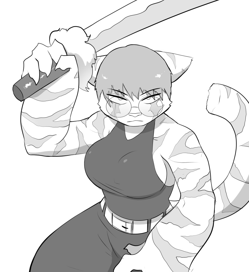 2024 absurd_res anthro belt belt_buckle big_breasts biped breasts buckle claws clothing eyewear felid female finger_claws fur glasses greyscale hair hi_res holding_melee_weapon holding_object holding_weapon machete mammal melee_weapon monochrome muscular muscular_anthro muscular_female pantherine phosenpai short_hair simple_background solo stern_look striped_body striped_fur stripes tail thick_tail tiger tight_clothing weapon