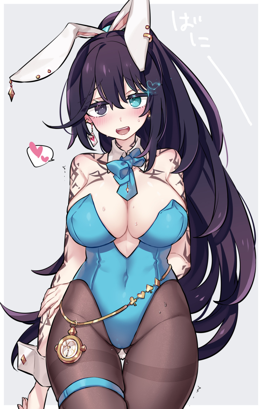 1girls big_breasts blush bunny_ears bunnysuit cleavage clock clothing corset earrings heterochromia hong_lu hong_lu_(limbus_company) jewelry limbus_company long_hair looking_at_viewer necktie ponytail project_moon rule_63 skimpy smile tattoo tattoos thick_thighs thighhighs violet_hair