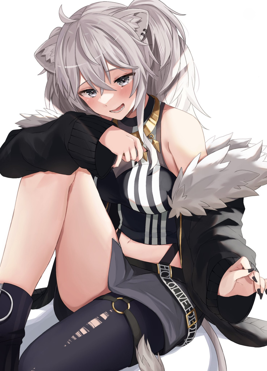 ahoge animal_ears arm_on_knee bad_id bad_twitter_id black_footwear black_jacket black_nails black_shirt black_thighhighs blush boots breasts commentary cropped_shirt ear_piercing female fur-trimmed_jacket fur_trim grey_eyes grey_hair grey_skirt hair_between_eyes highres hololive jacket jewelry lion_ears lion_girl lion_tail long_hair looking_at_viewer medium_breasts midriff miniskirt moonbell nail_polish navel necklace o-ring o-ring_thigh_strap off_shoulder open_clothes open_jacket open_mouth piercing shirt shishiro_botan shishiro_botan_(1st_costume) simple_background single_thighhigh sitting skirt sleeveless sleeveless_shirt smile solo striped_clothes striped_shirt tail thigh_strap thighhighs thighs torn_clothes torn_thighhighs two_side_up vertical-striped_clothes vertical-striped_shirt virtual_youtuber white_background zipper_skirt