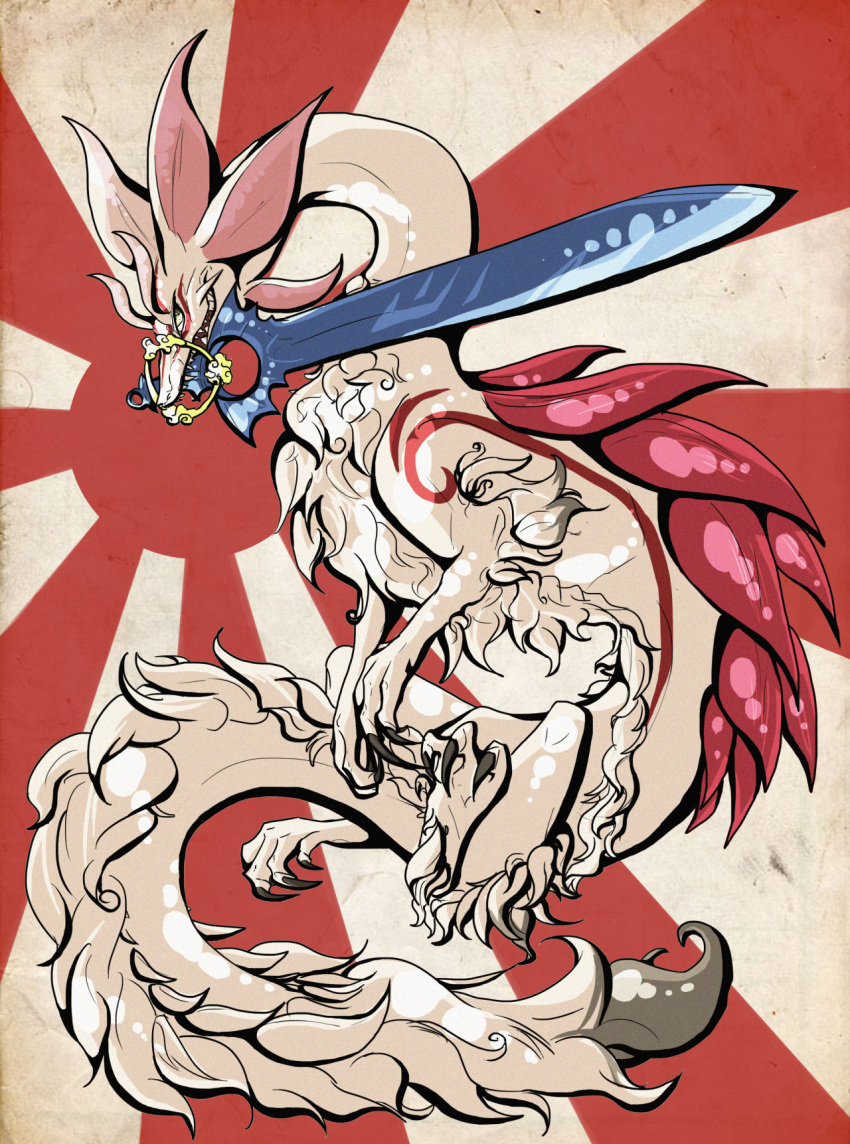 amaterasu capcom claws company_connection dragon egocider fur fusion glaive highres holding holding_weapon huge_weapon long_neck long_tail making-of_available mizutsune monster_hunter monster_hunter_x mouth_hold no_humans okami rising_sun solo sunburst sword tail weapon