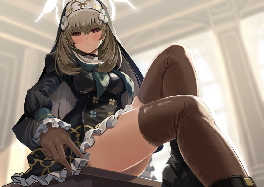 atatatamu black_dress black_headwear blue_archive breasts ceiling desk dress female gloves grey_hair hair_between_eyes halo highres indoors long_hair medium_breasts nun red_eyes sakurako_(blue_archive) shoes sitting solo thighhighs window