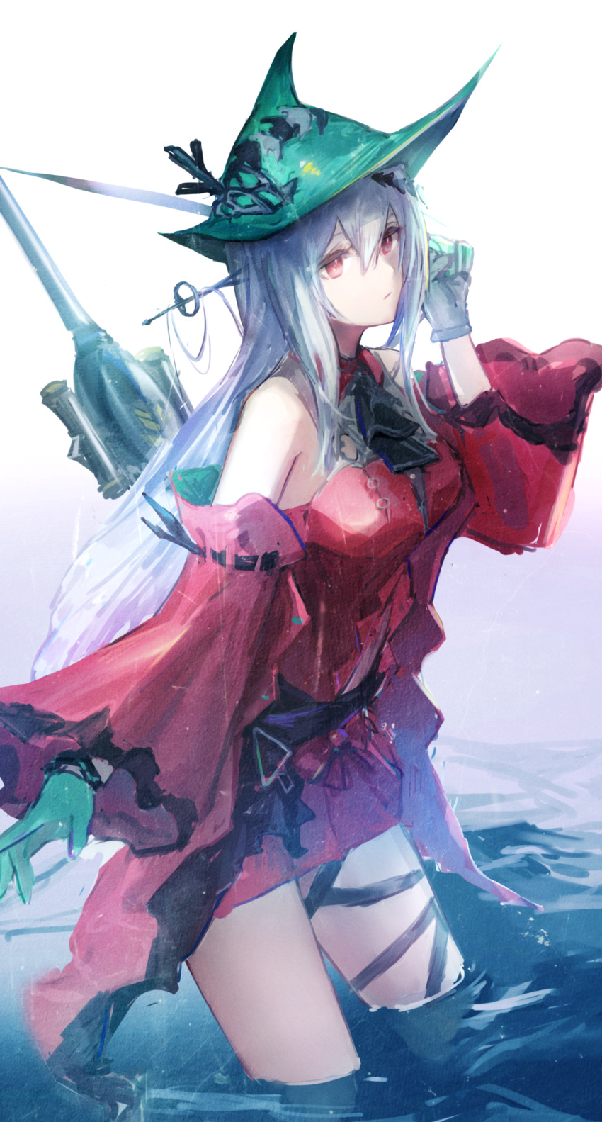 arknights bare_shoulders breasts closed_mouth commentary_request detached_sleeves dress female gloves green_gloves green_hat grey_hair hair_between_eyes hand_up hat highres long_sleeves medium_breasts red_dress red_eyes red_sleeves skadi_(arknights) skadi_the_corrupting_heart_(arknights) sleeveless sleeveless_dress solo wading water weasel_(close-to-the-edge) white_background wide_sleeves