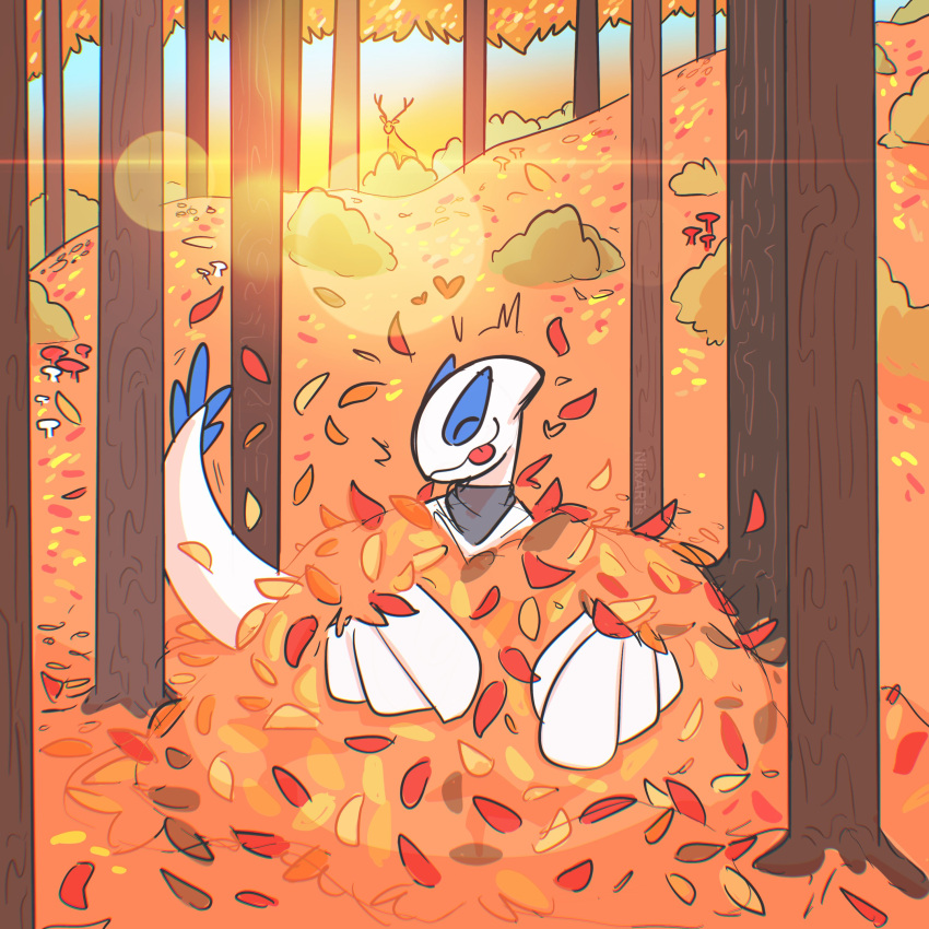 1:1 absurd_res anthro autumn autumn_leaves bandana blue_markings dez_(rcar) eyes_rolling_back forest forest_background generation_2_pokemon hi_res kerchief leaves_on_ground legendary_pokemon lugia male markings nature nature_background neckerchief nintendo plant pokemon pokemon_(species) smile solo tongue tongue_out tree white_body white_skin xing1