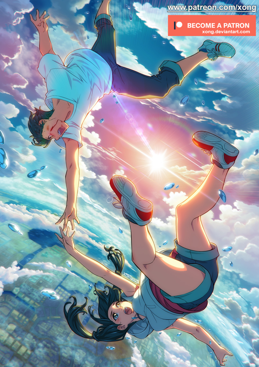 1boy amano_hina_(tenki_no_ko) black_hair blue_pants blue_sky bruise bruise_on_face cloud cloudy_sky commentary denim english_commentary falling female highres hood hood_down injury jeans lens_flare looking_at_another morishima_hodaka_(tenki_no_ko) open_mouth pants patreon_logo photoshop_(medium) reaching shirt short_shorts shorts sky sleeveless sleeveless_shirt smile sun tears tenki_no_ko twintails water water_drop watermark web_address white_shirt xong